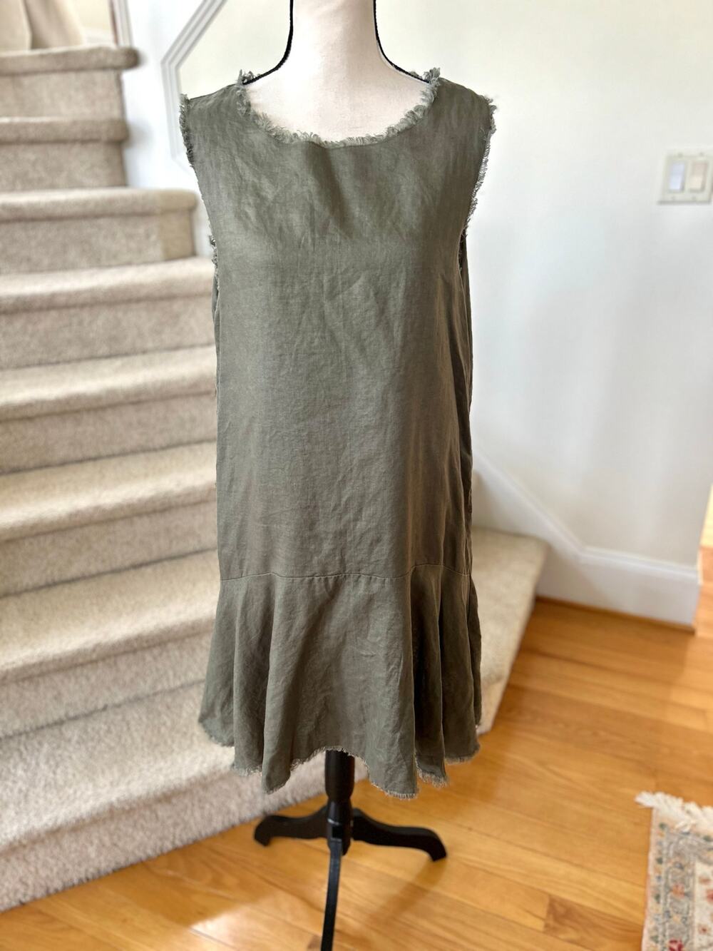 LJC Designs Olive Green Frayed Hem Linen Tulip Skirt Shift Dress